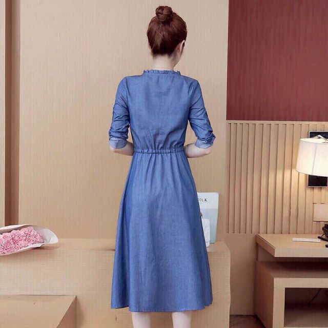 Đầm jean xòe denim eo rút dây, váy bò cổ viền bèo - DTH