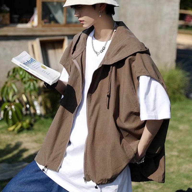 Áo Khoác Tay Ngắn Có Nón Và Dây Rút Màu Trơn Phong Cách Hàn Quốc Dễ Phối Đồ Thời Trang Mùa Hè Cho Nam | BigBuy360 - bigbuy360.vn