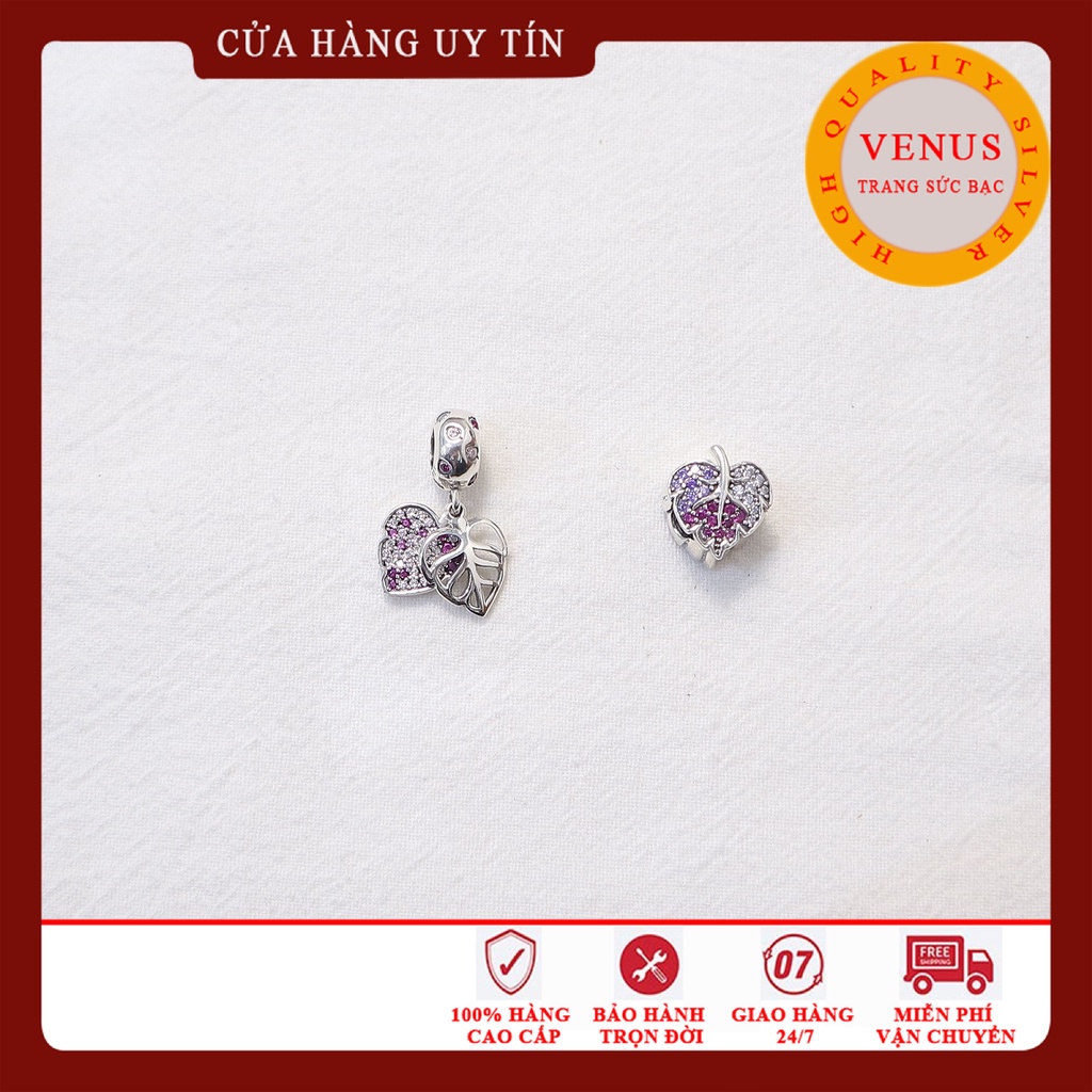[Charm bạc 925 cao cấp] Charm hình chiếc lá gắn đá hồng- Mã sản phẩm VENUSLH