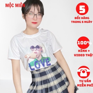 Áo thun cổ tròn tay ngăn in hình cô gái thun cotton AT01