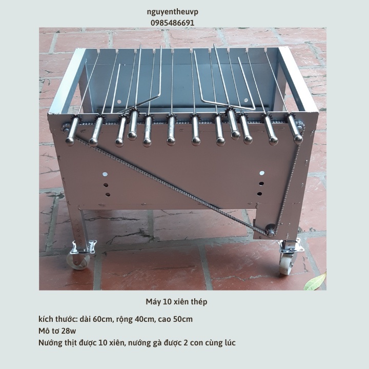 Máy nướng thịt chả mini Bếp nướng than hoa lò quay gà vịt mô tơ tự động 10 xiên (tặng 10 xiên đơn và 2 xiên 3 bằng inox)