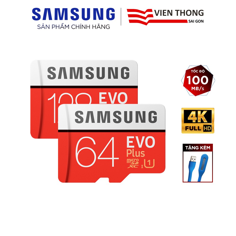 
                        Thẻ nhớ microSD Samsung Evo Plus 32GB / 64GB / 128GB tốc độ upto 100MB/s kèm Adapter (Bảo hành 10 năm) + Đèn LED USB
                    