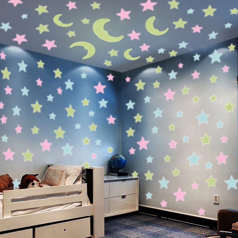 Set 100 Miếng Dán Tường Dạ Quang Hình Trăng Sao