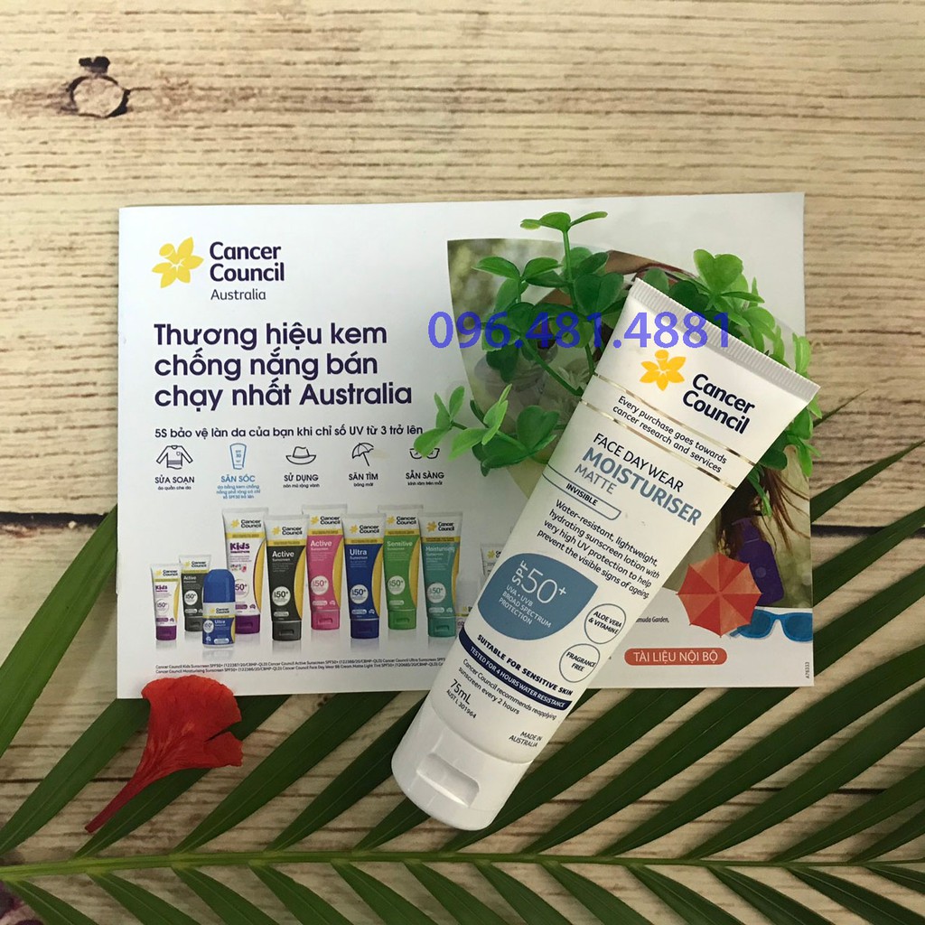 Kem Chống Nắng Cancer Council Face Day Wear Moisturiser Matte Invisible SPF50+/PA++++ 75ml, Dưỡng Ẩm, Dịu Nhẹ-NHÃN XANH