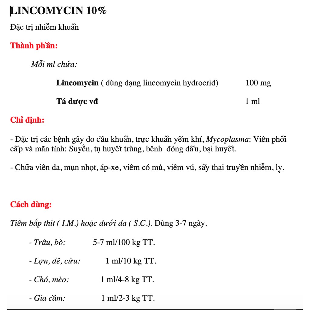 LINCOMYCIN 10%  - chỉ dùng trong thú y