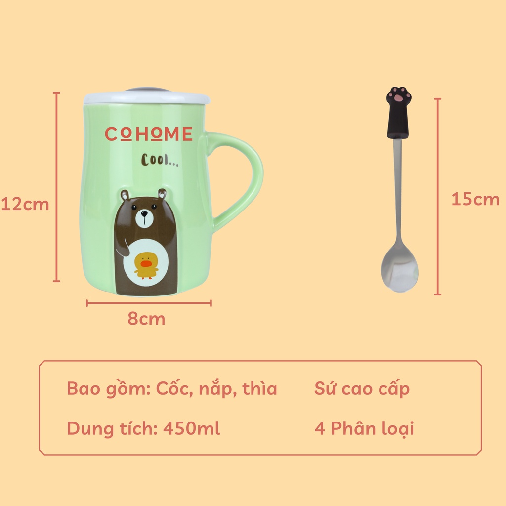 Cốc sứ dễ thương hình gấu 450ml, ly sứ có nắp đậy và thìa pha cà phê, pha trà