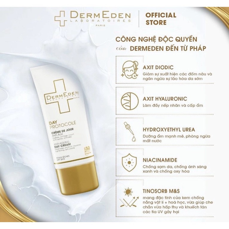 [CHÍNH HÃNG] Kem chống lão hóa &amp; làm mờ đốm nâu ban ngày dành cho da khô Dermeden Anti Age Day Cream Dry Skin SPF50+ 50m