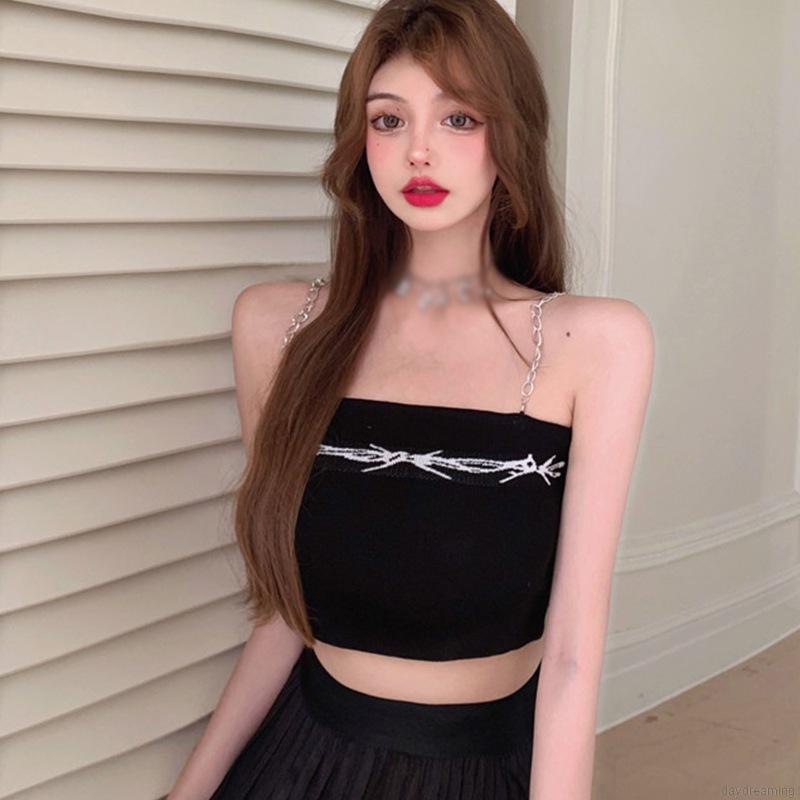 Áo Croptop Dệt Kim Phối Dây Xích Thiết Kế Quyến Rũ Cho Nữ
