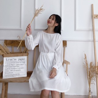 Đầm trắng tay dài rút eo dễ thương