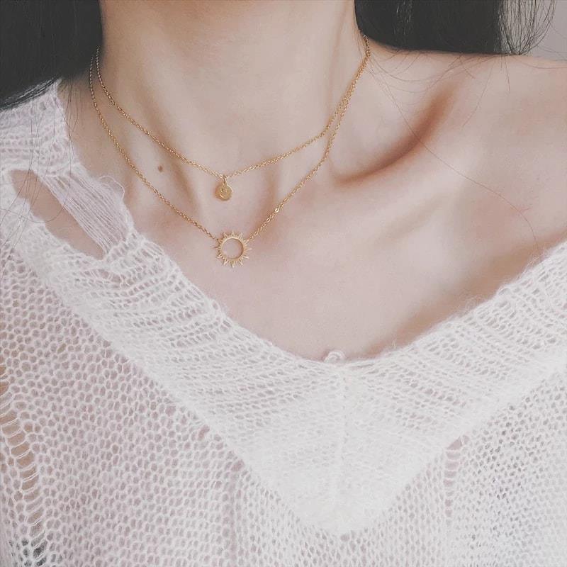 Dây chuyền titan 2 tầng mặt trời + mặt cười không đen không gỉ WN181202