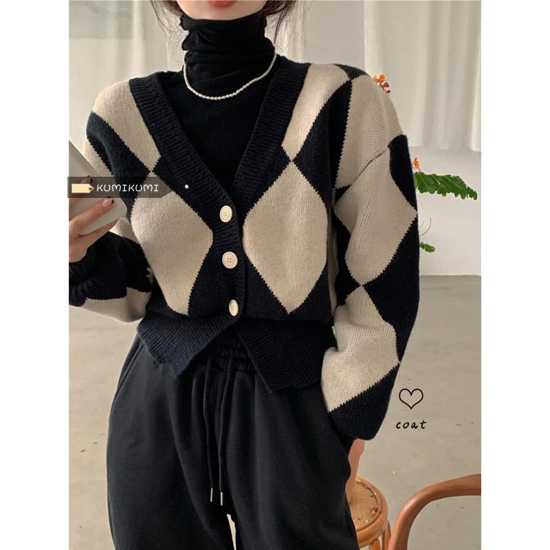 Áo Khoác Cardigan Dệt Kim Dày Dáng Rộng Cổ Chữ V Sọc Ca Rô Tương Phản Thời Trang 2022 Cho Nữ