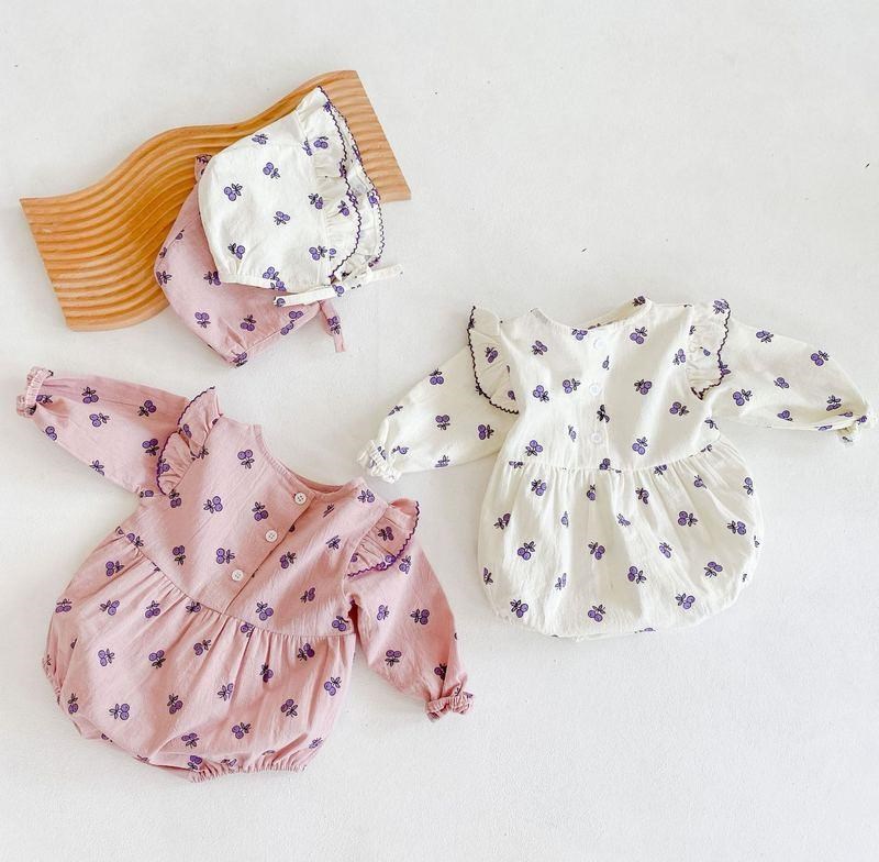 Bộ Áo Liền Quần Tay Dài In Hình Quả Cherry + 2 Mũ Thời Trang Mùa Thu Cho Bé Gái Sơ Sinh