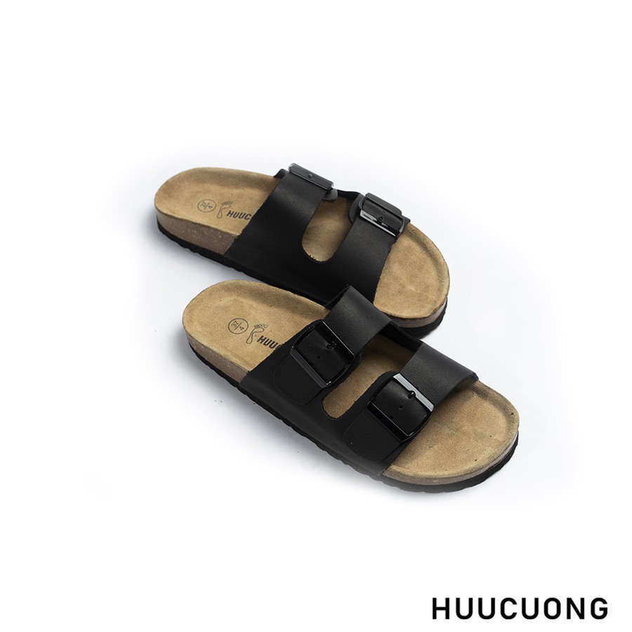 Dép unisex 2 Khóa HUUCUONG Quai Da Thật Màu Đen Đế Trấu