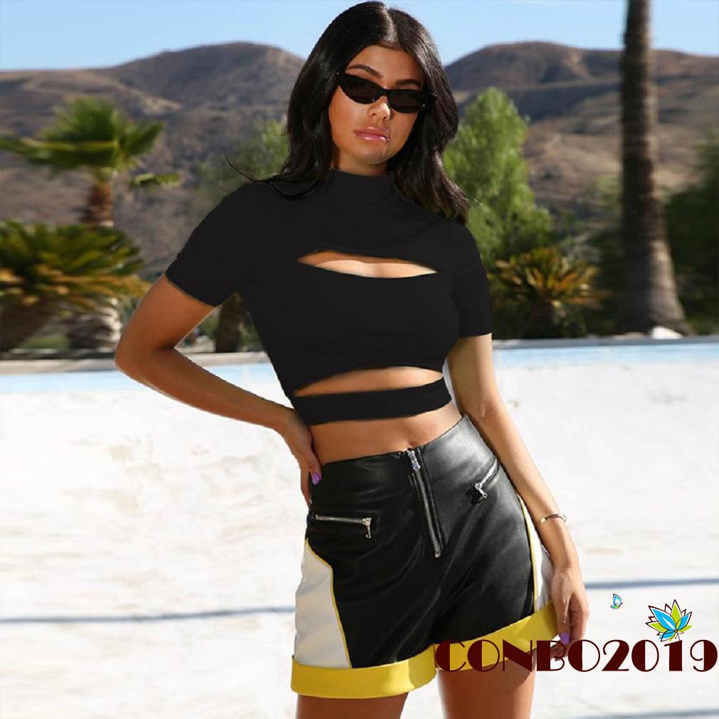 Áo Crop Top Tay Ngắn Cổ Cao Màu Trơn Thời Trang Cho Nữ