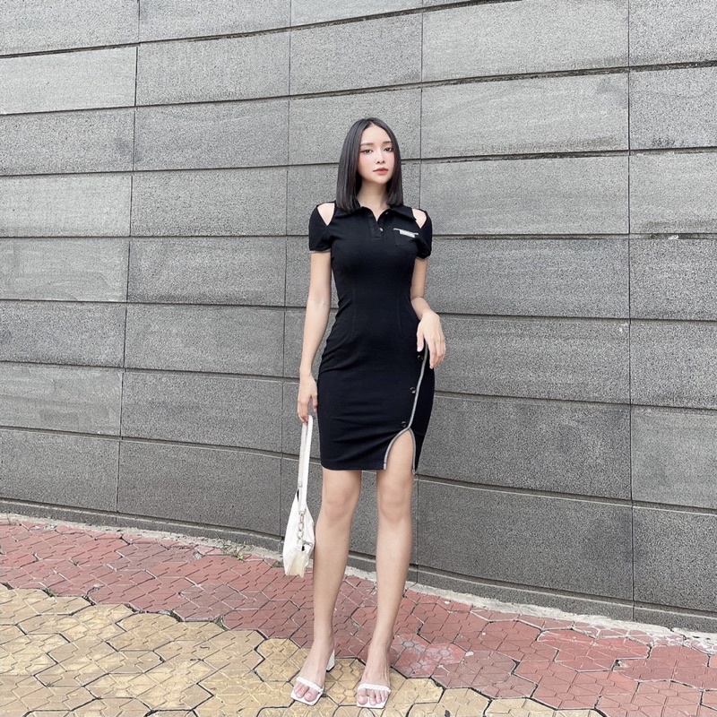 Váy polo hở vai tay cộc IRISVIEL, váy ngắn cổ đức kiểu polo hở vai cộc tay phối viền tương phản thun ôm body S/M