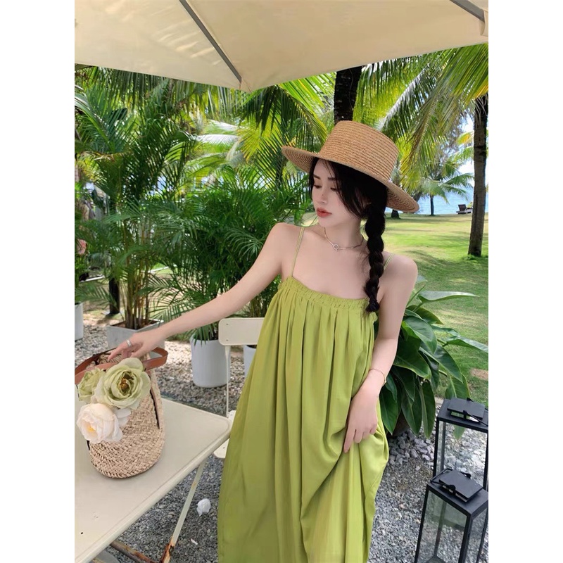 Váy hai dây maxi lụa mềm màu xanh suông xòe dài nhẹ nhàng bồng bềnh đi biển