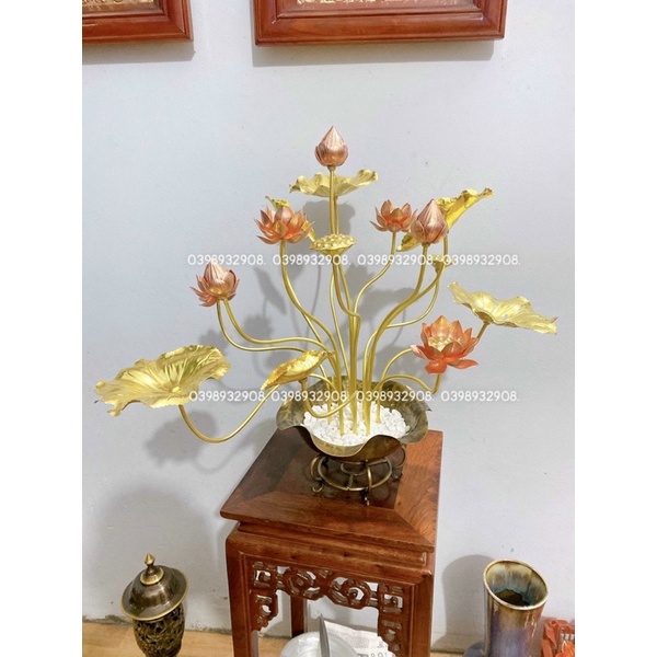 Chậu hoa sen đồng 15 bông cao 58 cm nặng 2kg chất liệu bằng đồng nguyên chất