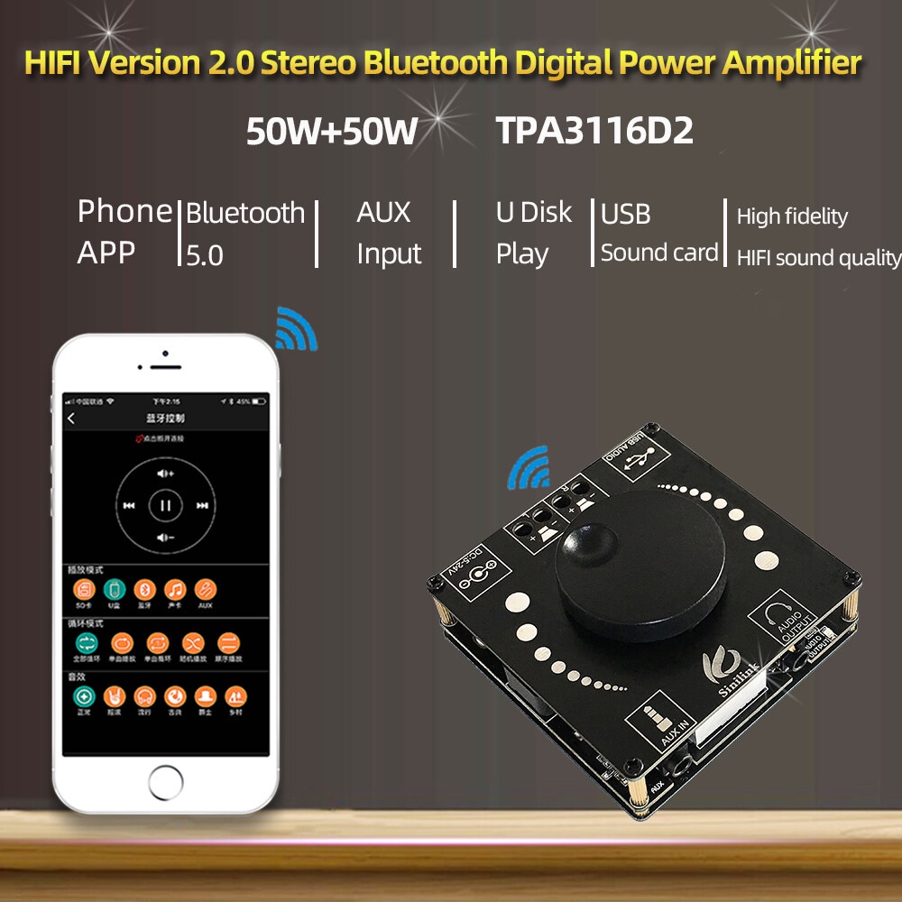 Bảng mạch khuếch đại công suất âm thanh ZIQQUCU AP50L bluetooth 5.0 50Wx2 3.5mm AUX USB APP tiện lợi