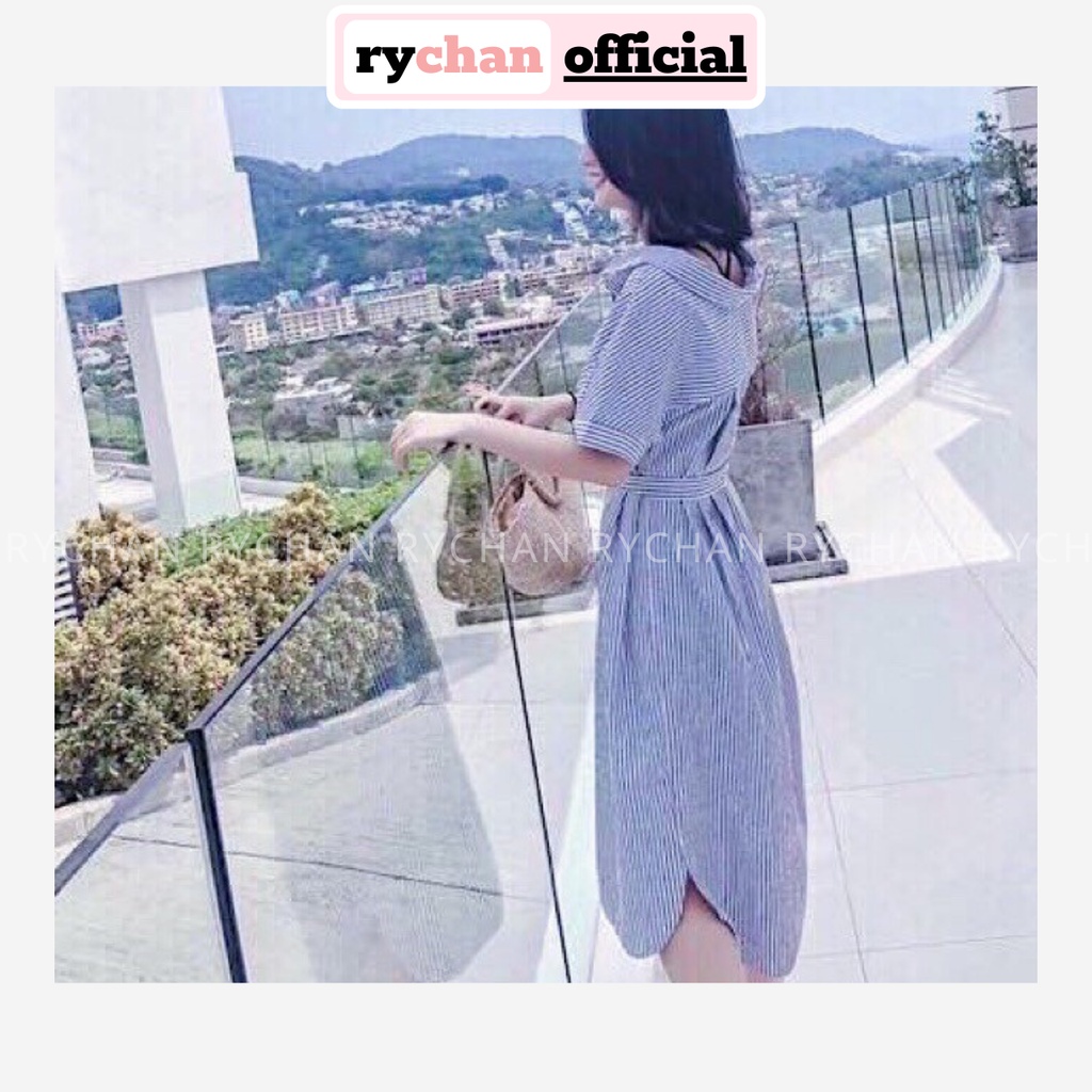 DX550 - Đầm Xòe Sơ Mi Sọc Cột Eo Cực Xinh