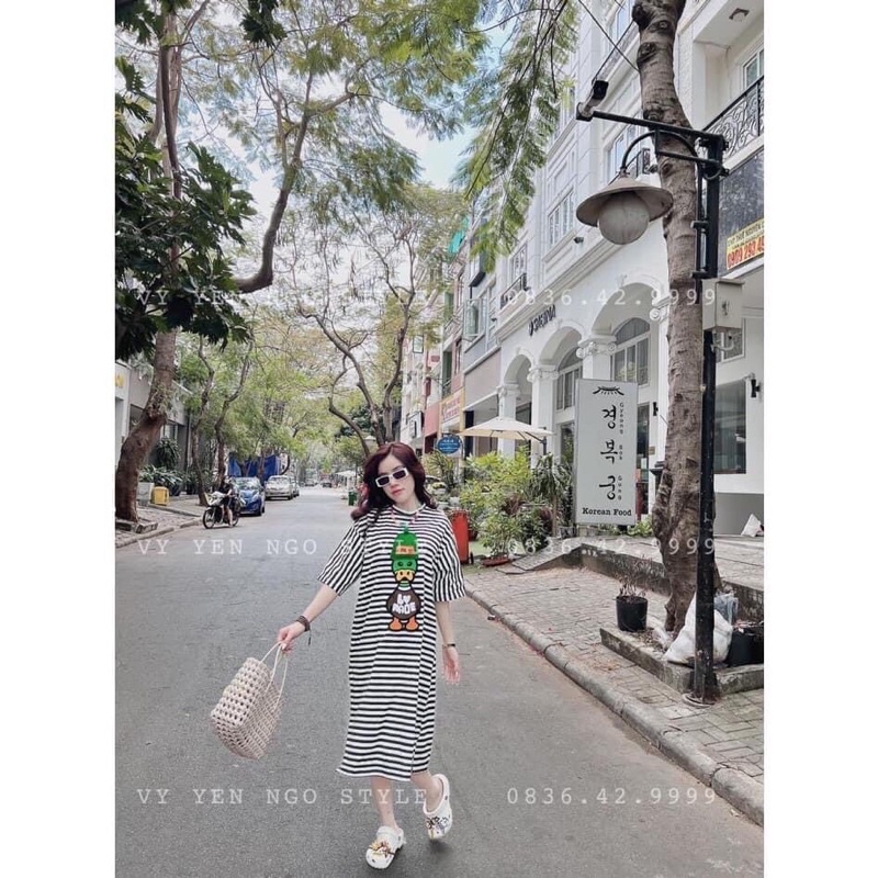 Váy suông kẻ hình vịt chất liệu cotton, đầm suông kẻ tiểu thư