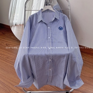 Áo sơ mi sọc icon mặt cười màu xanh unisex ảnh thật SSSTore ( nam nữ mặc đều được)