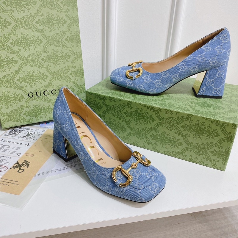 Giày sandal guốc guci jean hoạ tiết gót trụ fullbox