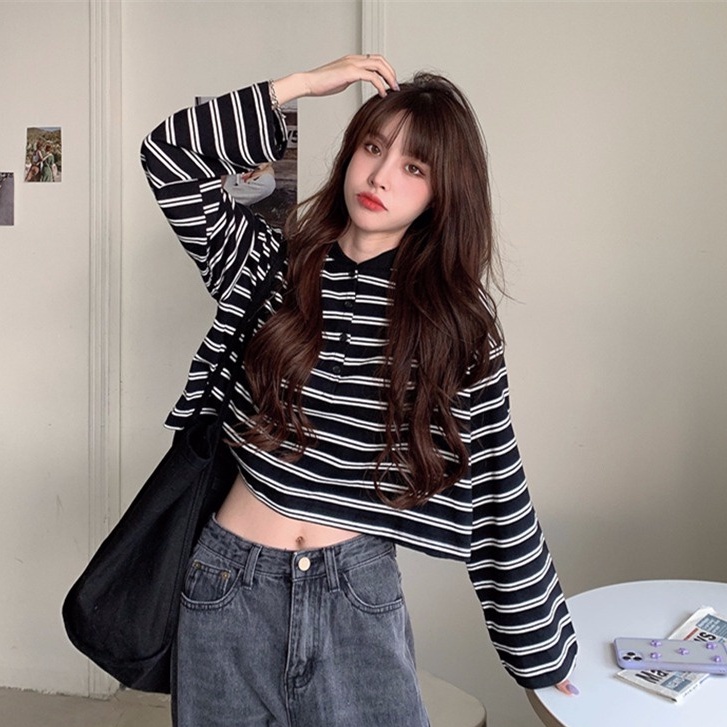 SUXI Áo polo Tay Dài Họa Tiết Kẻ Sọc Phong Cách Hàn Quốc Cổ Điển Thời Trang Cho Nữ