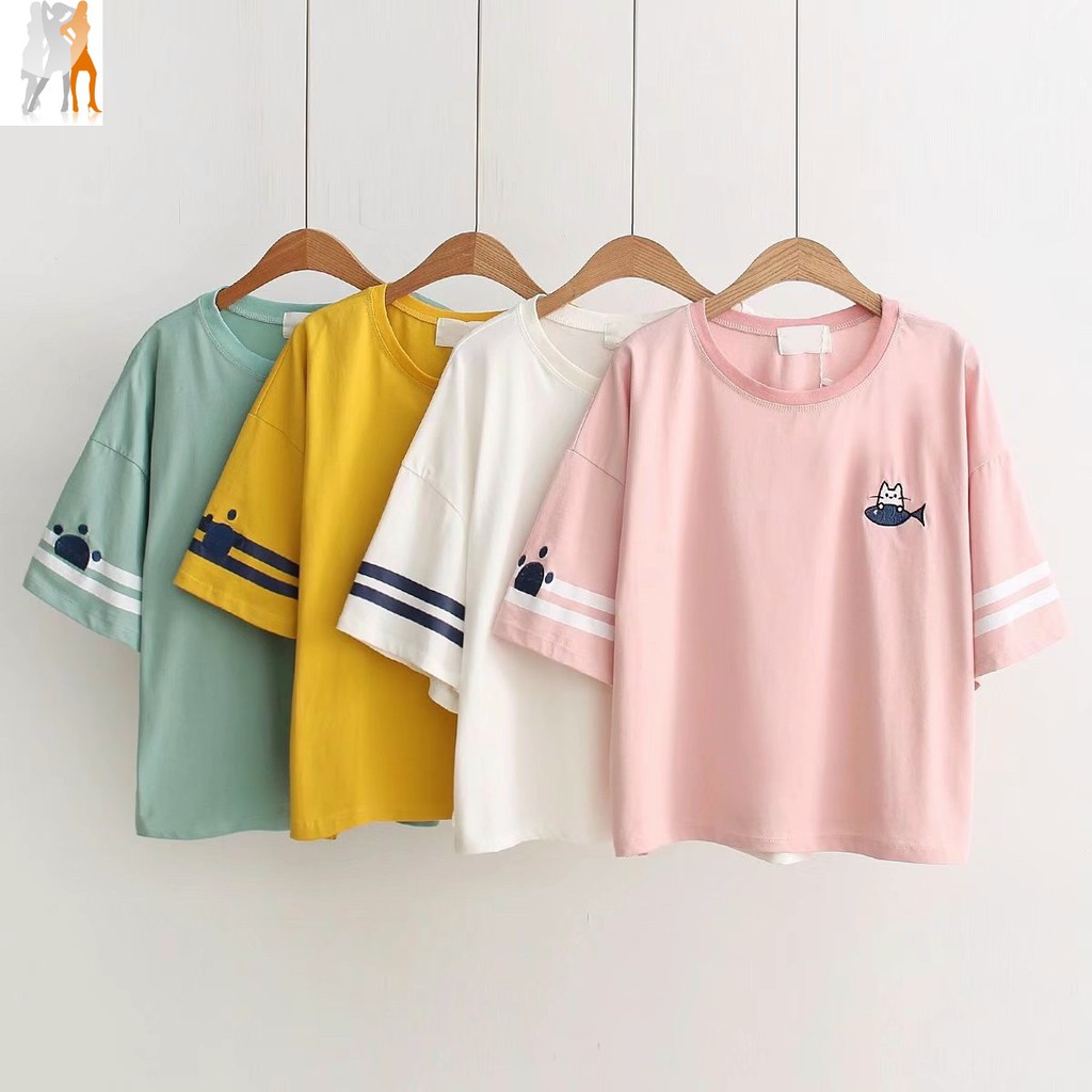 Áo thun unisex form rộng tay lỡ hình con mèo con