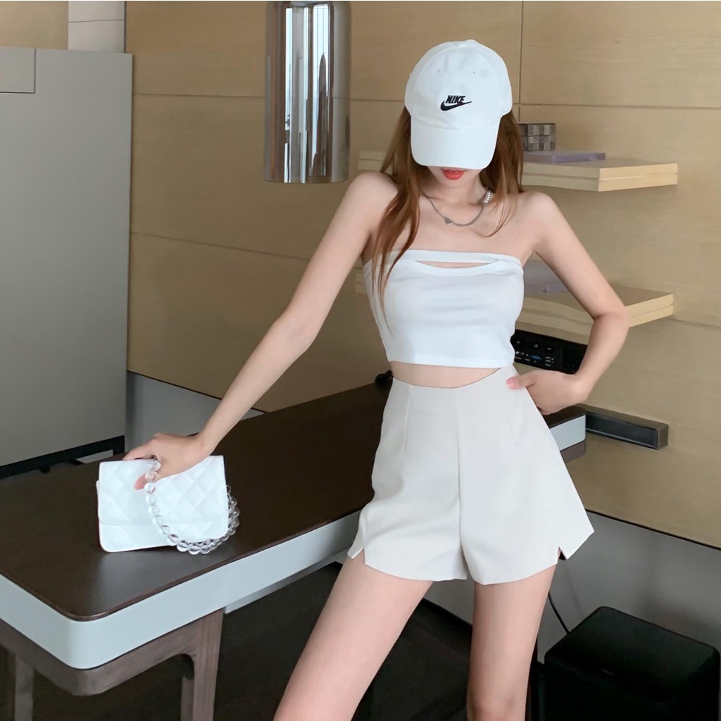 Set bộ nữ gồm áo yếm lụa thiết kế và quần short cạp cao lịch sự phong cách hàn quốc mặc đi chơi dạo phố du lịch biển