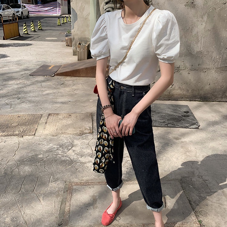 Áo thun cotton tay ngắn phồng cổ tròn màu trắng thời trang dành cho nữ