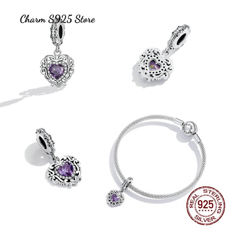 CHARM TREO TIM HOẠ TIẾT ĐÍNH ĐÁ BẠC S925 CAO CẤP CHÍNH HÃNG