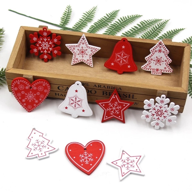 Set 12 Miếng Gỗ Hình Bông Tuyết Màu Đỏ / Trắng Treo Trang Trí Cây Thông Noel