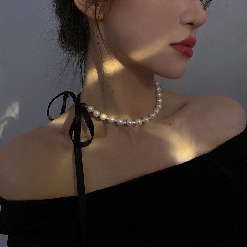 vòng cổ chocker cao cấp đính hạt ngọc đeo được nhiều kiểu mã Th016458