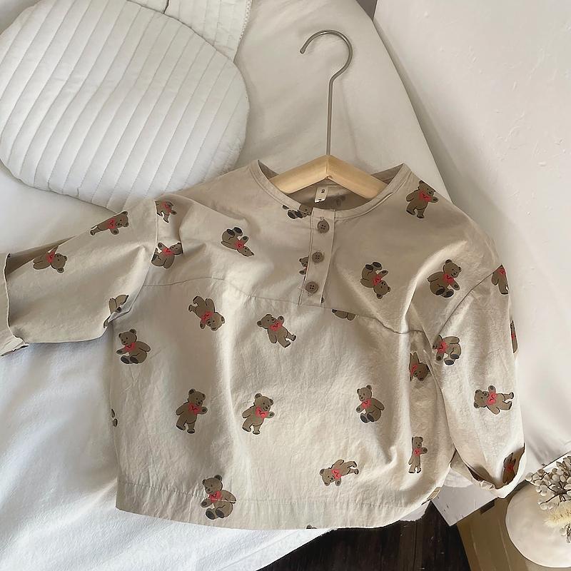 Áo Sơ Mi Cotton Lanh Tay Dài In Họa Tiết Gấu Hoạt Hình Phong Cách Hàn Quốc Cho Bé Trai Và Gái
