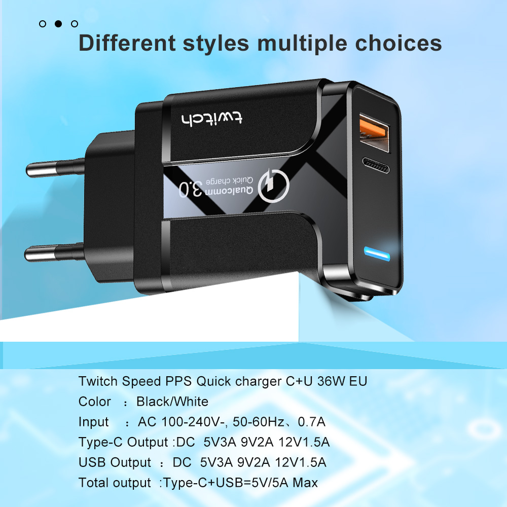 Củ sạc nhanh Twitch Q.C 3.0 cổng USB Type C PD với phích cắm Eu/Us tùy chọn cho Samsung Iphone Huawei Tablet