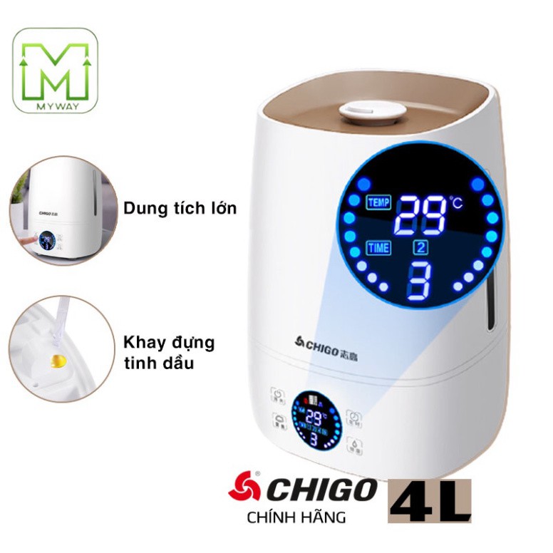 Máy Phun Sương Tạo Ẩm Chính hãng CHIGO - Máy Tạo Ẩm Dung Tích Lớn 4L, Ngắt Khi Hết Nước, Phun Sương Đều Công suất 30W