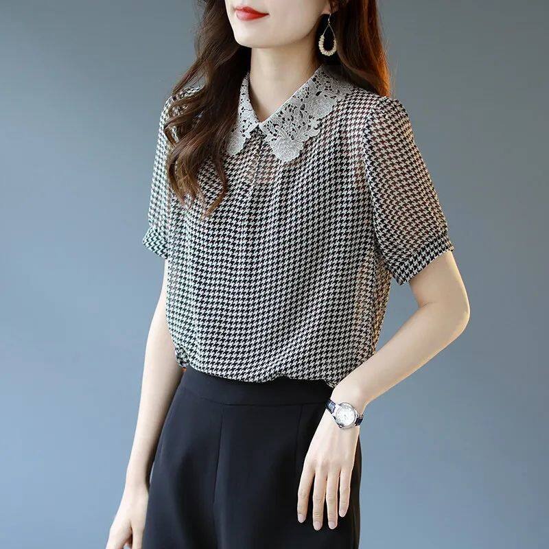 Áo Sơ Mi Chiffon Mỏng Tay Ngắn Dáng Ôm In Họa Tiết Houndstooth 2022 Thời Trang Mùa Hè Cho Nữ