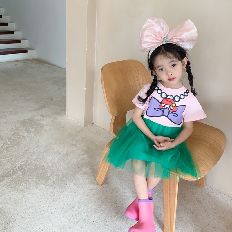 Đầm Công Chúa Ba Màu Phối Lưới Họa Tiết Hoạt Hình Đáng Yêu Cho Bé Gái