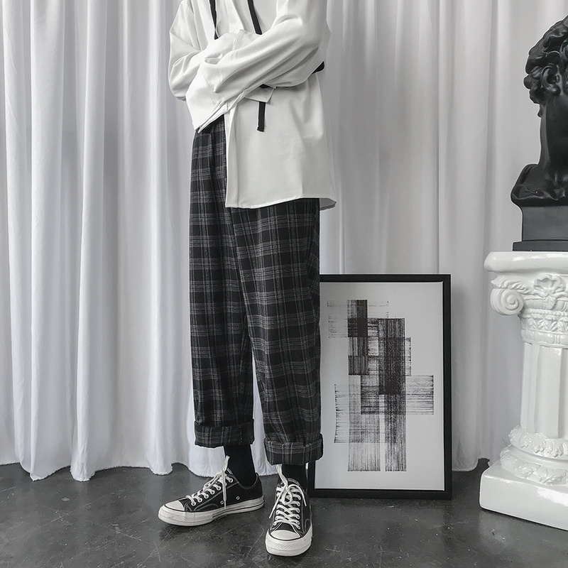Plaid Casual Pants Men's Korean Style Loose Trend Straight Ins Cropped Trousers