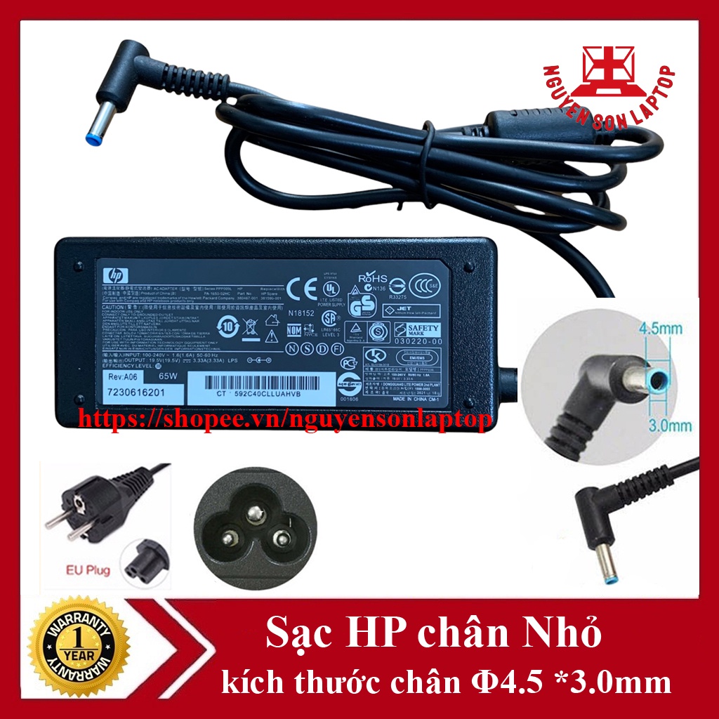 Sạc Laptop HP 19.5V - 3.33A Chân Kim Xanh nhỏ - kèm dây nguồn new 100%