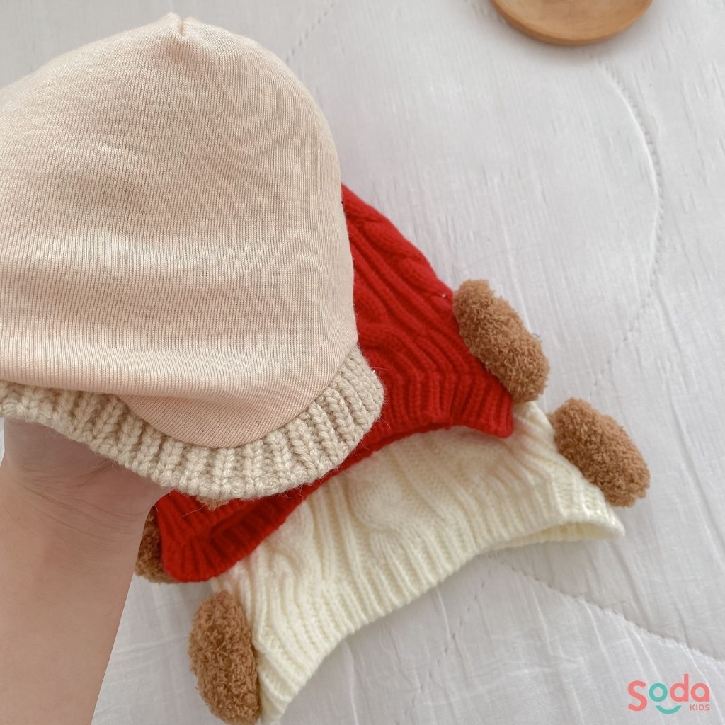 Mũ len che tai đính gấu dễ thương cho bé trai và bé gái (Ảnh thật)