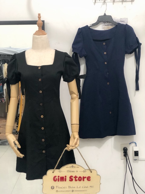 ĐẦM CỔ VUÔNG TAY NƠ kt ( Kèm ảnh thật)
