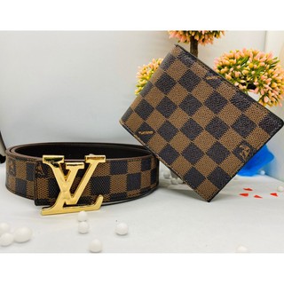 COMBO Thắt Lưng Nam/Dây Nịt Nam + Ví Da/Bóp Da Nam Cao Cấp Kẻ Caro Nâu Mặt vàng HOT HIT 2021