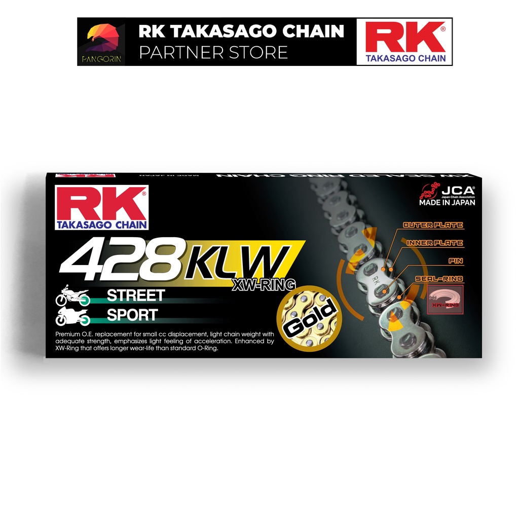 Sên xe máy RK Takasago Chain GB-428-KLW, màu vàng, phốt cao su XW-ring, kích thước 10 ly - 428, 132 mắc sên