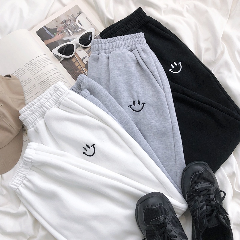Quần nỉ túm ống mặt cười lót bông dày dặn/ vải ngoài cotton mịn lì bảng 3 màu trắng/xám/đen