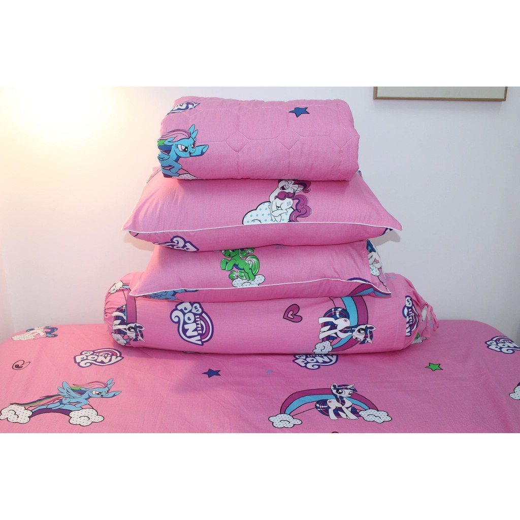 BỘ GA GỐI 4 MÓN NGỰA LITTLE PONY MÀU HỒNG COTTON 100% (GA GIƯỜNG + 1 VỎ GỐI ÔM + 2 VỎ GỐI NẰM)