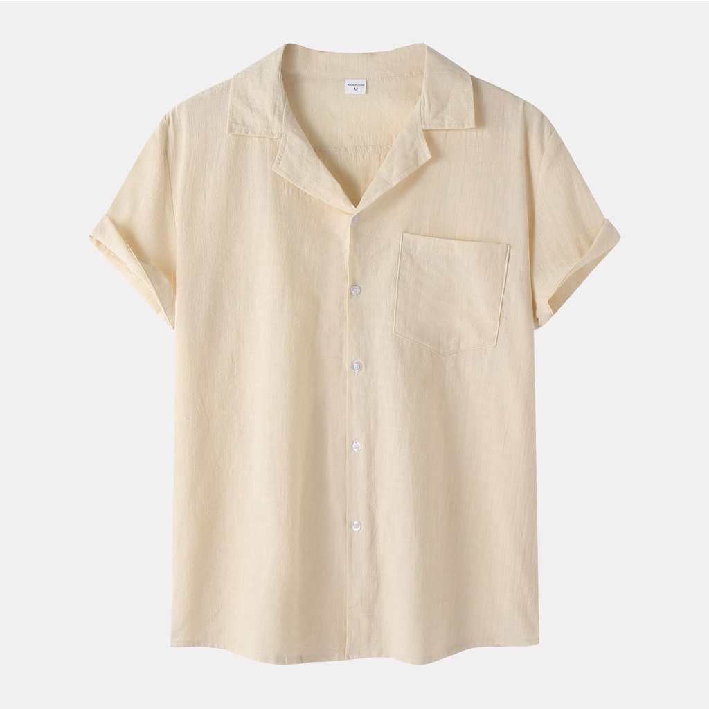 Áo Sơ Mi Polo Vải Lanh cotton Trơn Cổ Bẻ Cài Nút Có Túi Màu Trắng / Đen / Vàng / Xanh Lá Quân Đội Thời Trang Mới 2022 Cho Nam