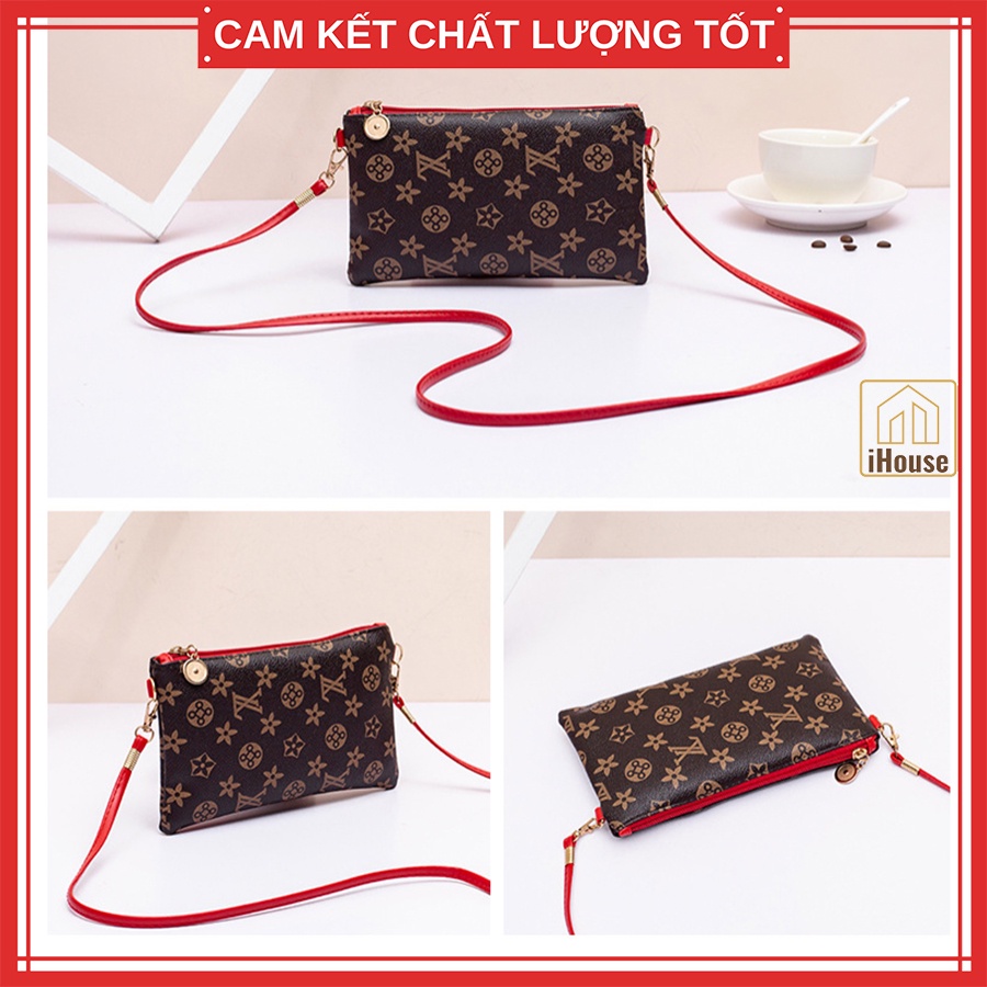 Túi ví ngang nữ có dây đeo vai giá rẻ, Cluth clutch ngang nữ để điện thoại màu nâu Cafe dây đeo nâu và đỏ