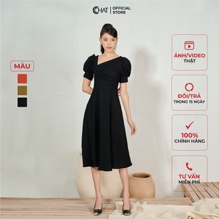 Đầm Nữ 𝐂𝐂𝐇𝐀𝐓 Kiểu Cổ Lệch Nhún Ngực Chất Mango Phong Cách Trẻ Trung Thanh Lịch 12VNE5036XT