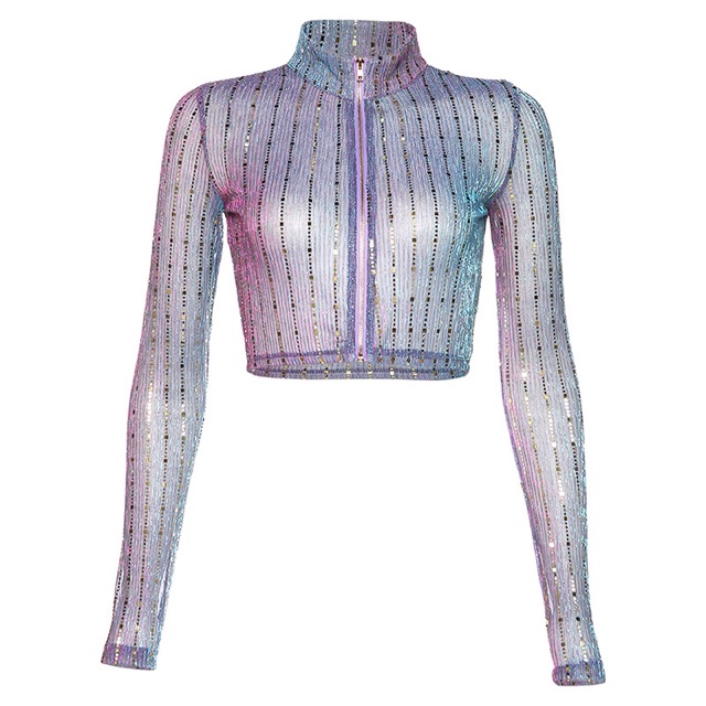 ÁO CROPTOP XUYÊN THẤU LẤP LÁNH CÓ KHOÁ MÀU TÍM HUẾ